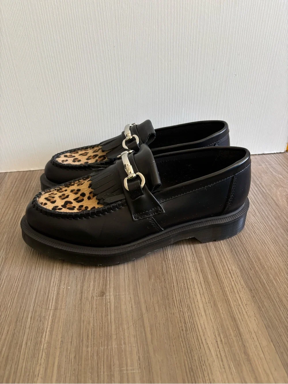 Dr. Martens Adrian Bone Snaffle Leopard Cheetah Hair-On Loafers Charm Size 7